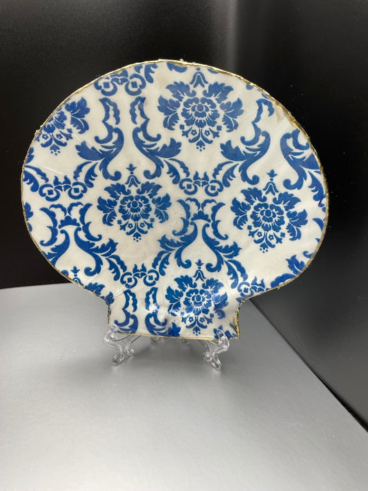 Blue and White Damask Trinket Dish Ring Holder Large Scallop