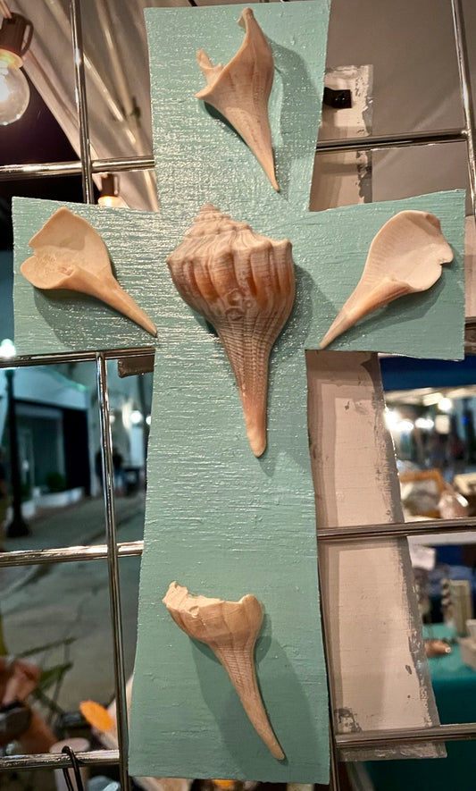 Tiffany Blue Wooden Cross With Sea Shells
