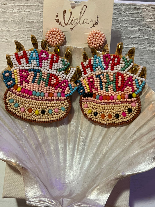 Happy Birthday Cake Seed Bead Earrings