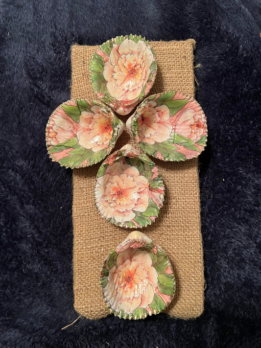 Pink Camellia Cockle Shell Burlap Cross