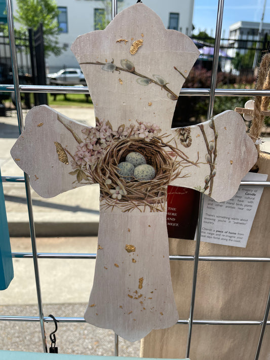 Robins Nest with Gold Leaf Wooden Cross