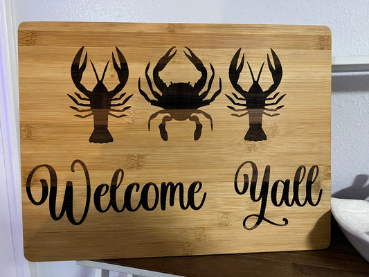 Welcome Y’all Crawfish Crab Bamboo cutting Board