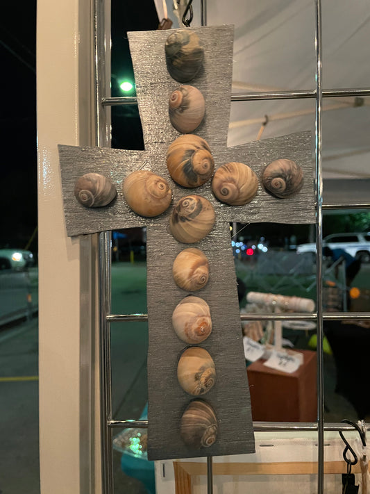 Gray Wooden Cross With Freas Water Snail Shells